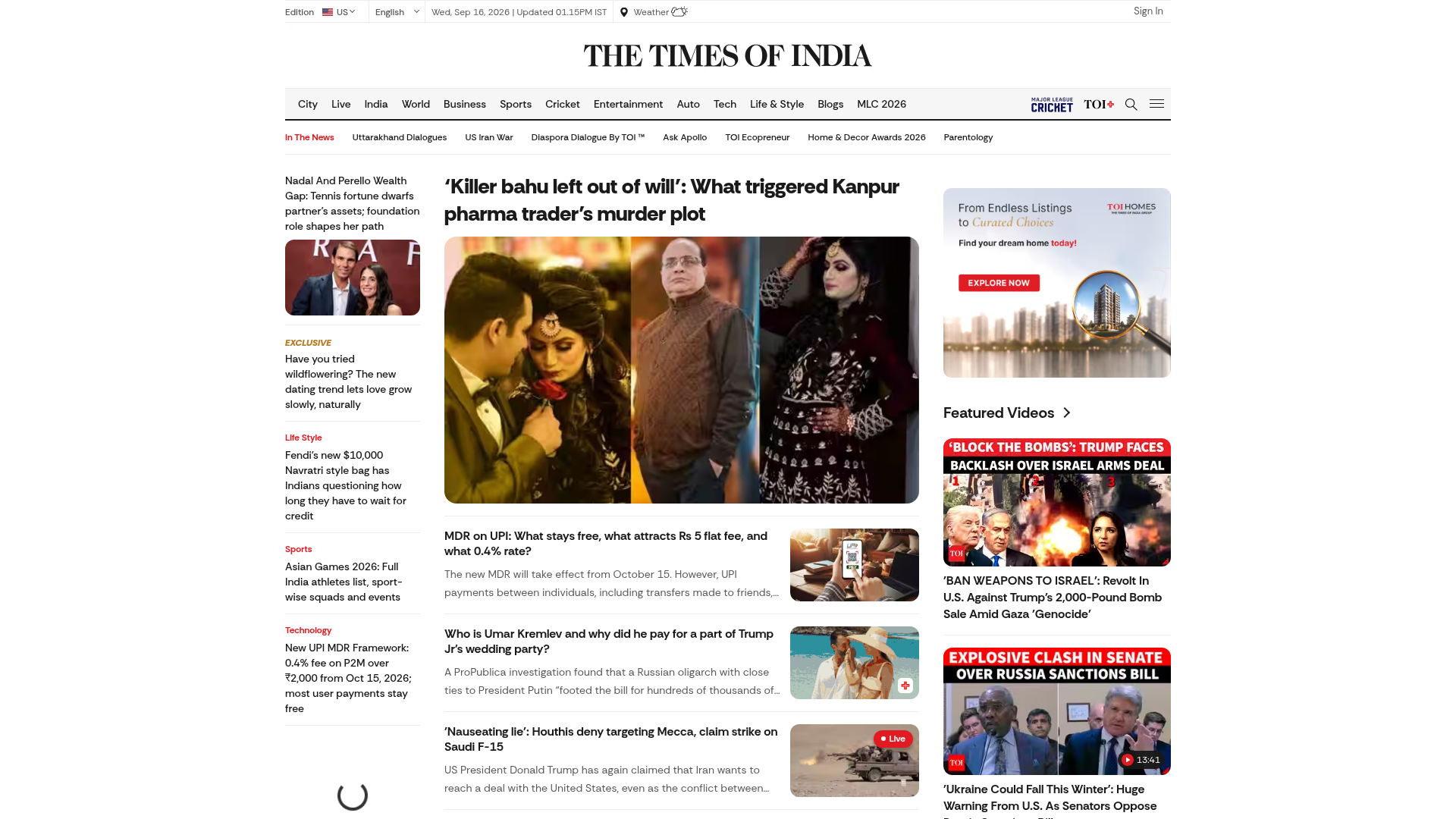 Times of India digital news homepage